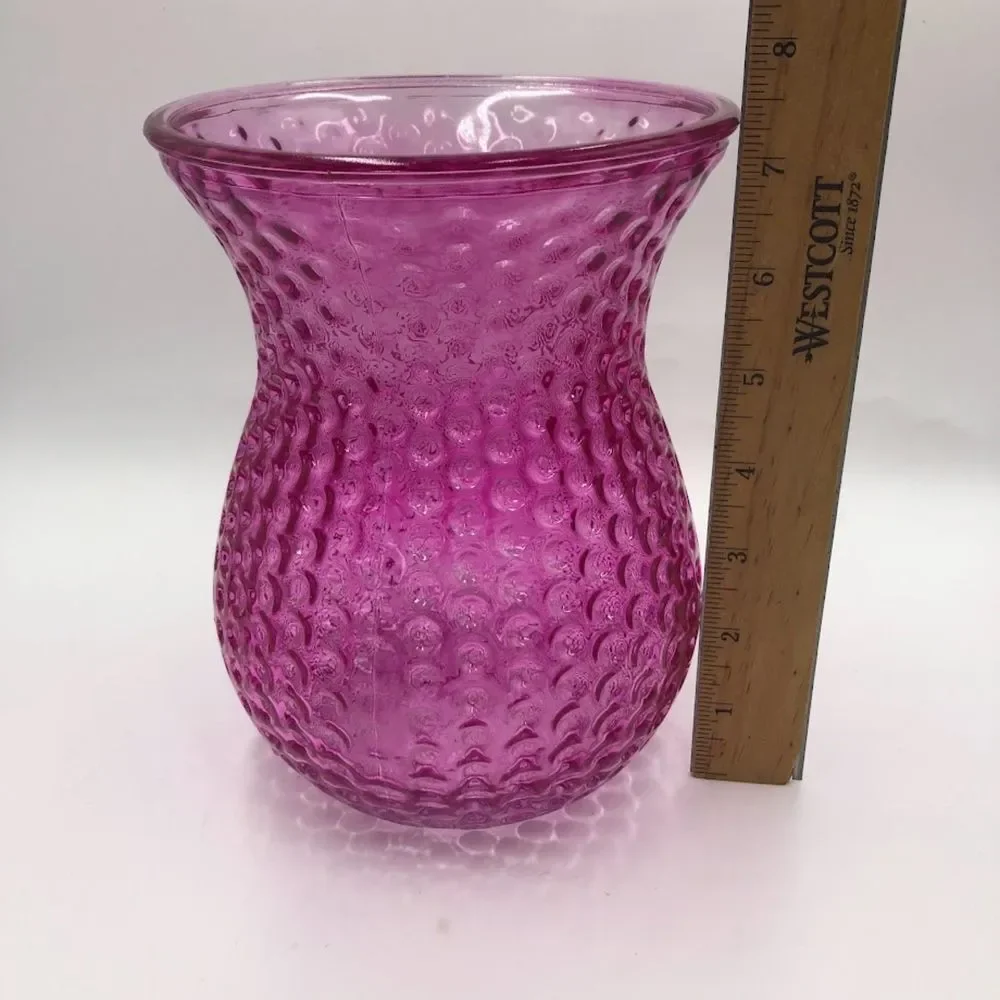 Vintage Fuschia Pink Glass Tabletop Vase with Dots Texture Indoor Flower Planter